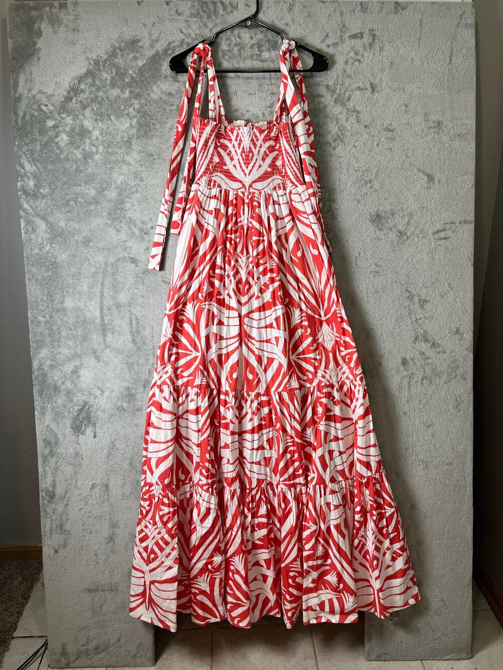Sheridan French Coral White Tropical Print Tie Shoulder Maxi Dress Resort Boho M